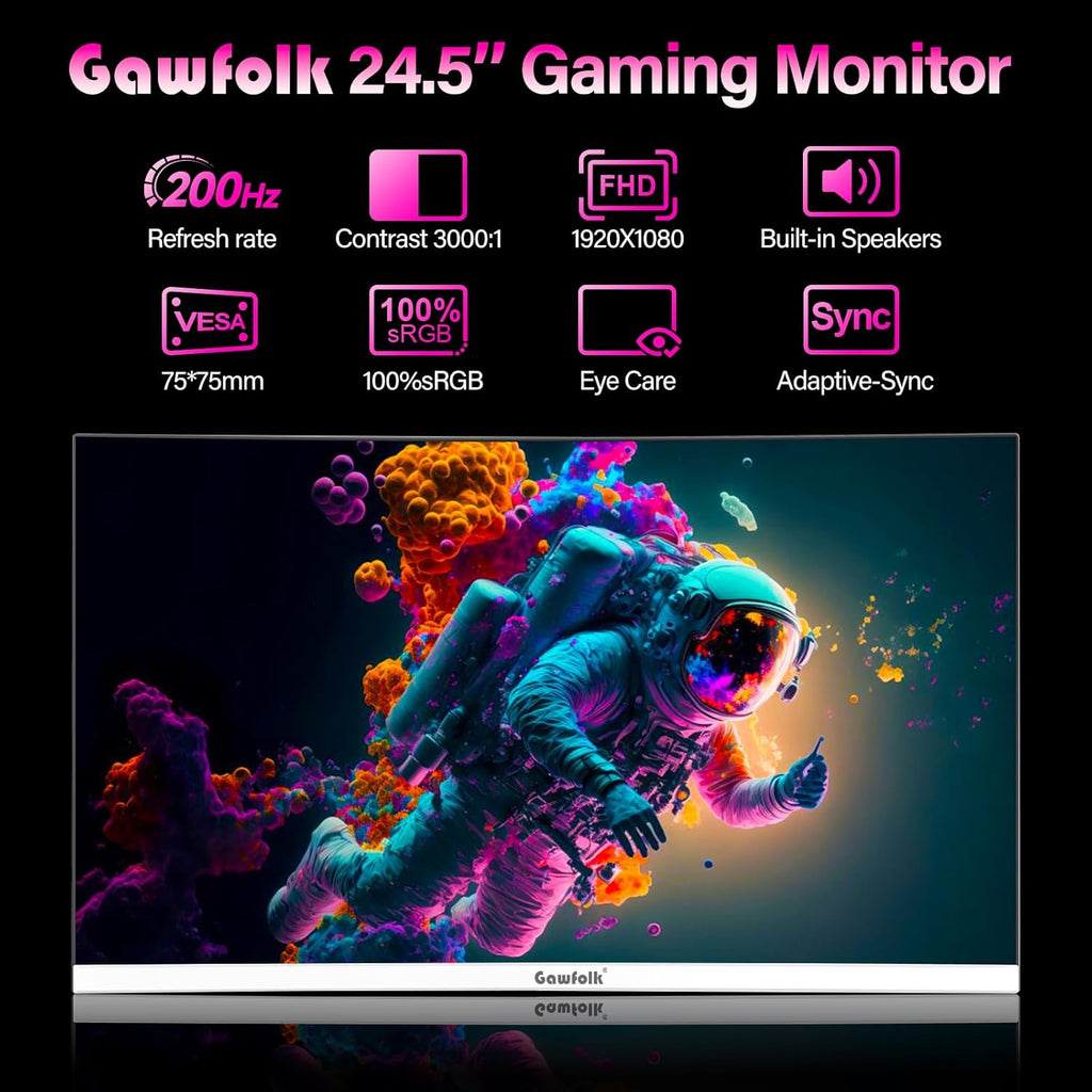 Gawfolk Gaming Monitor 24.5 Inch 200Hz Built-in Speakers, 180hz PC Monitor FHD 1080P Frameless Computer Monitors, VA,sRGB 100%, DisplayPort, HDMI, Eye Care, Wall Mount Compatible (White)