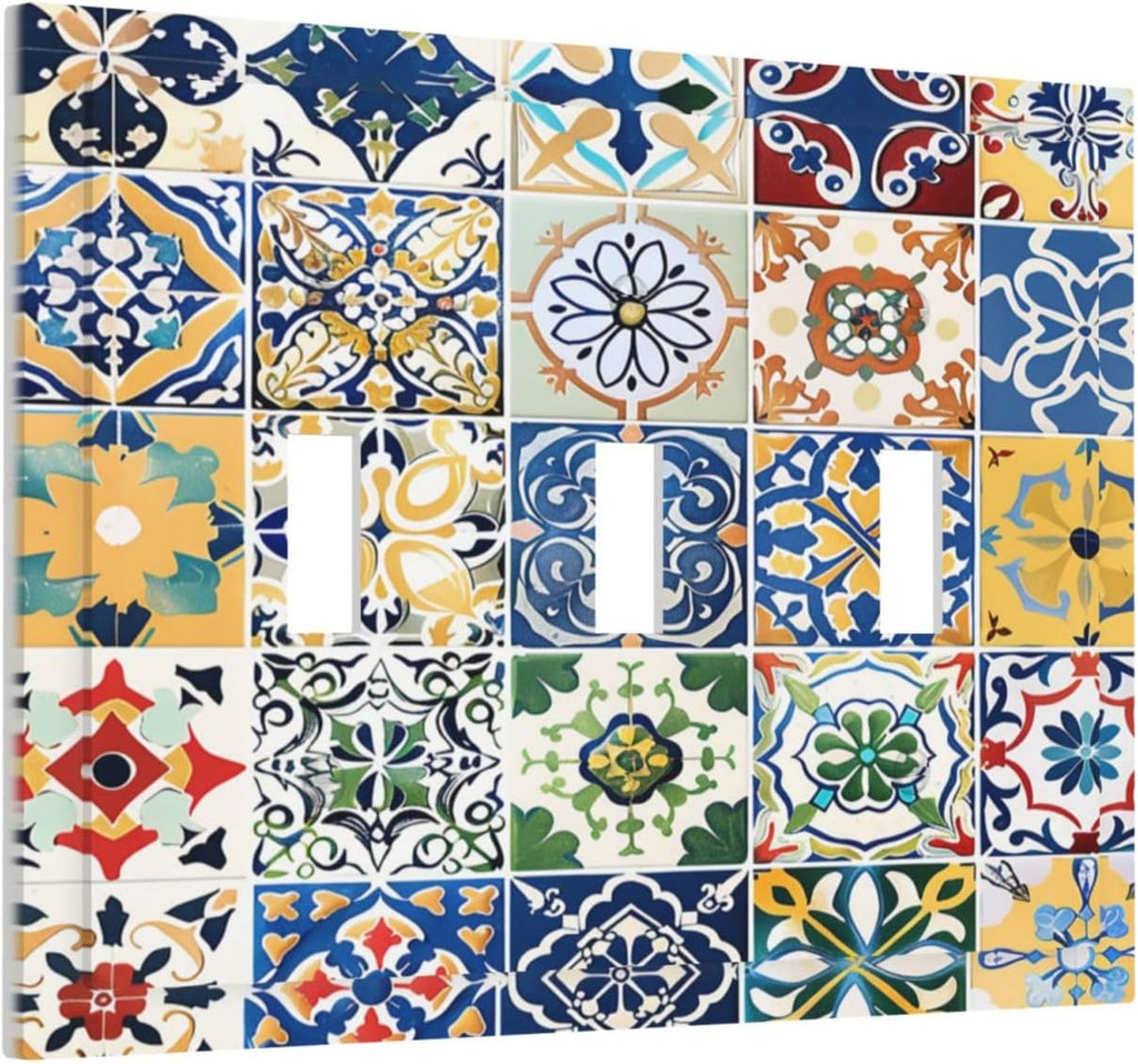 Decorative Switch Plates Moroccan Traditional Mexican Talavera Til 3 Gang Wall Plate Triple Toggle Light Switch Cover Faceplate Electrical Wall Panels for Kitchen Home Decor