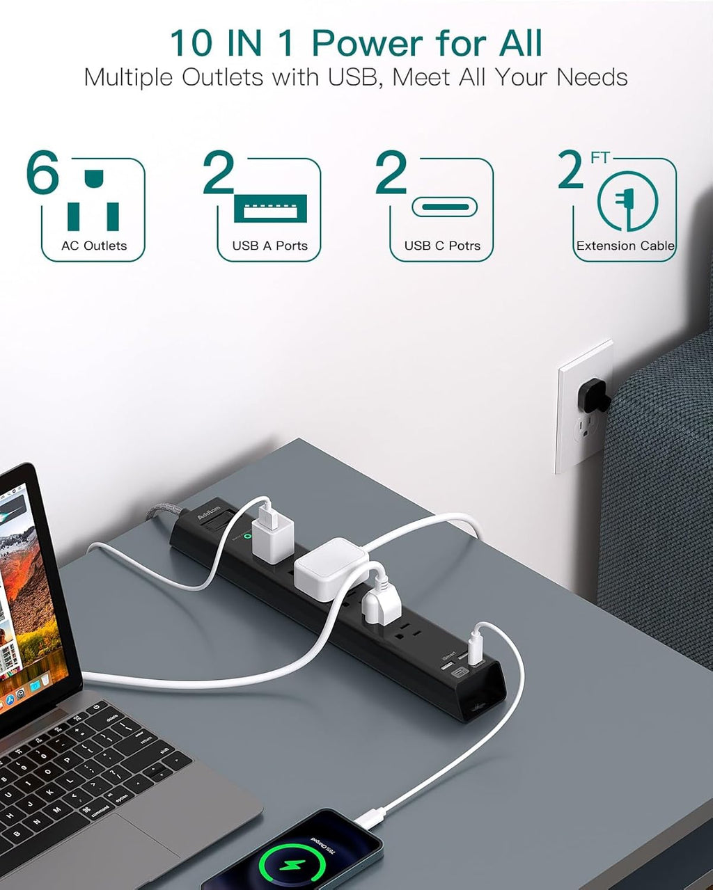 Short Extension Cord 2ft - Addtam Surge Protector Power Strip with 6 AC Outlets 4 USB (2 USB-C Ports), Flat Plug, 900J, Wall Mount, Outlet Extender for Home Office Dorm Room Essentials