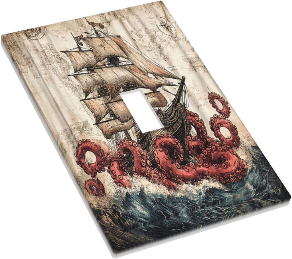 Decorative Light Switch Cover Vintage Octopus Ocean Sailboat Bizarre Adventure 1 Gang Single Toggle Decorator Outlet Wall Plate Device Electrical Faceplate Switchplates for Bathroom Kids room Decor