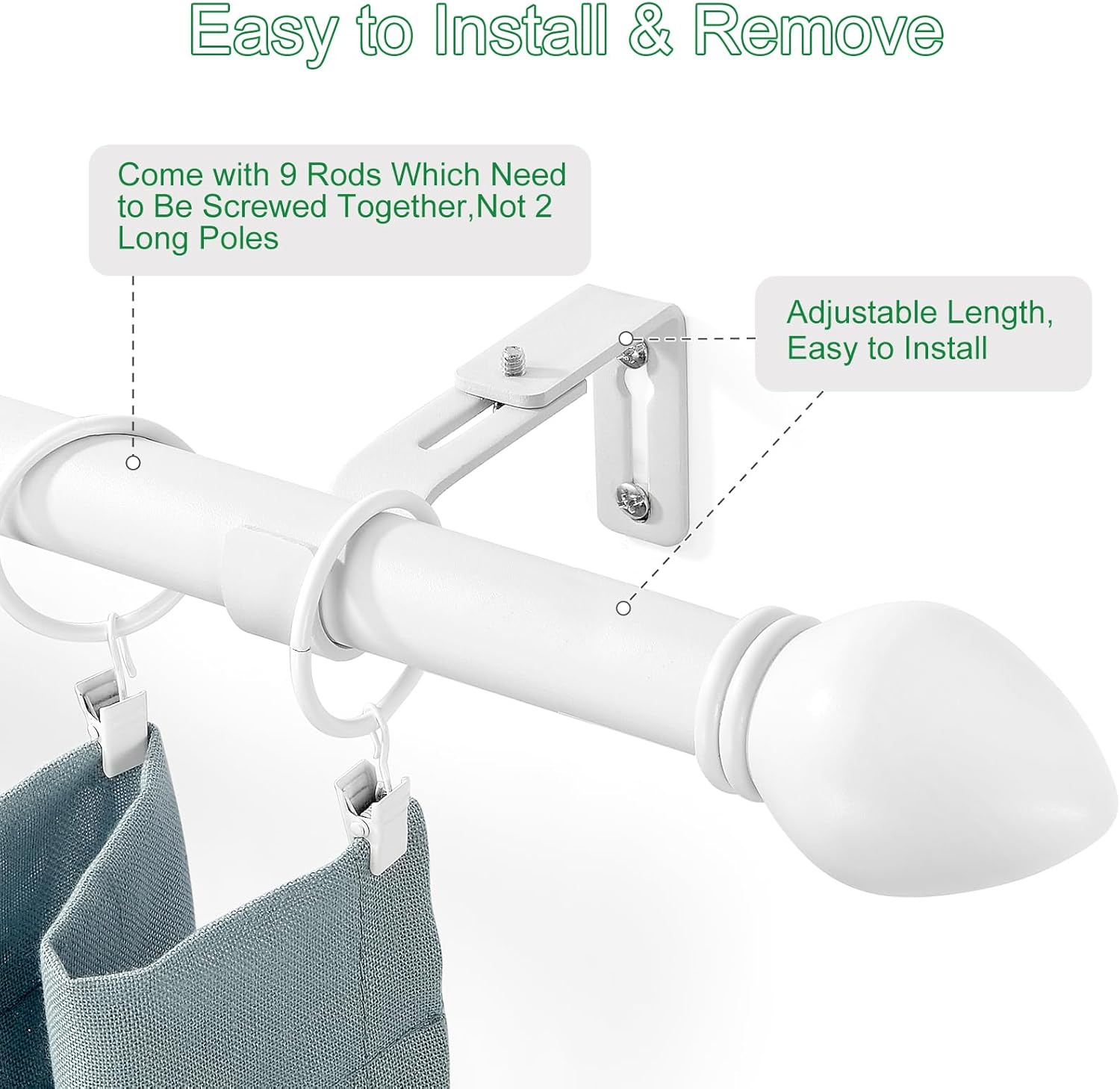 Curtain Rods for Windows 16 to 136 inches, Curtain Rod Max Adjustable Length to 146 in, Drapery Rod 1 inch Diameter with Modern Knobs Finials (White, 16" to 136" - Set of 2)