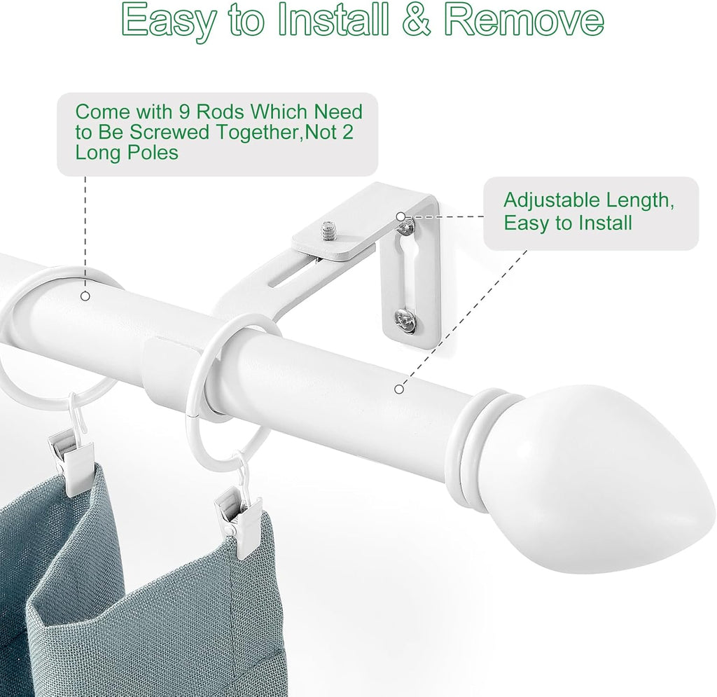 Curtain Rods for Windows 16 to 136 inches, Curtain Rod Max Adjustable Length to 146 in, Drapery Rod 1 inch Diameter with Modern Knobs Finials (White, 16" to 136" - Set of 1)