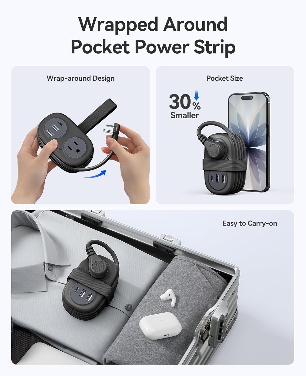 ORICO Pocket Power Strip for Travel, 5 in 1 Extension Cord with 2 AC Outlets 2 USB-A and 1 USB-C Ports, 3.7 ft Flat Plug Wrapped Around Power Strip for Cruise Office, Hotel, Home- AP3 (Black)
