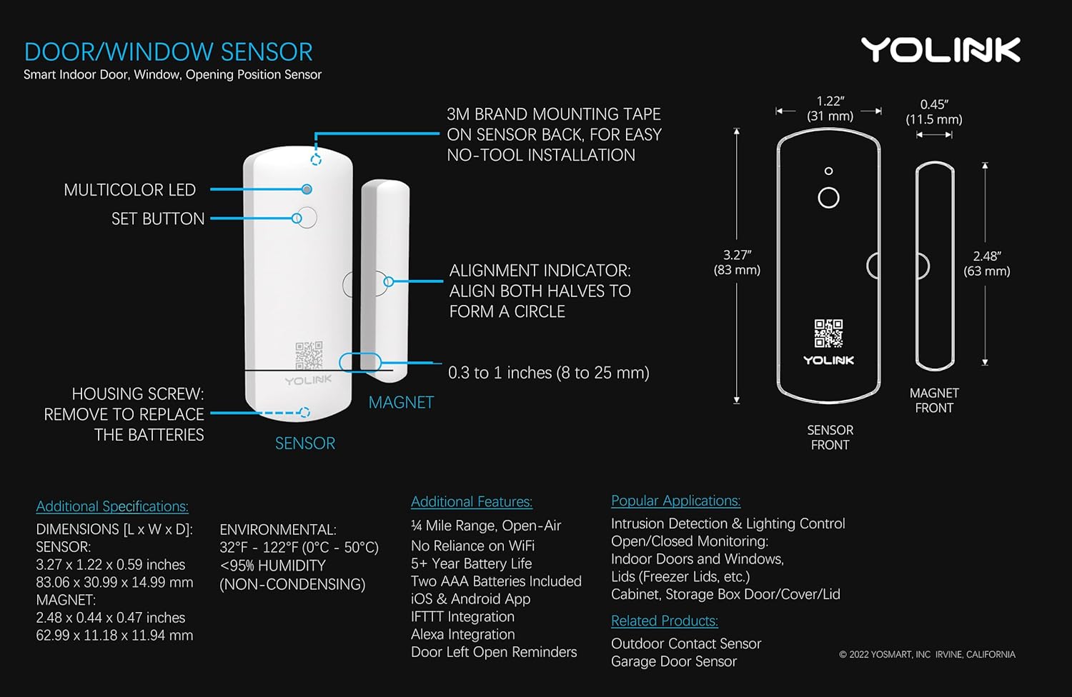 YoLink LoRa Smart Door & Window Sensor: Up to 1/4 Mile Open-Air Range, Door Left-Open Reminders, up to 5 Year Battery Life, Alexa, IFTTT, Home Assistant, Home Security, Hub Required