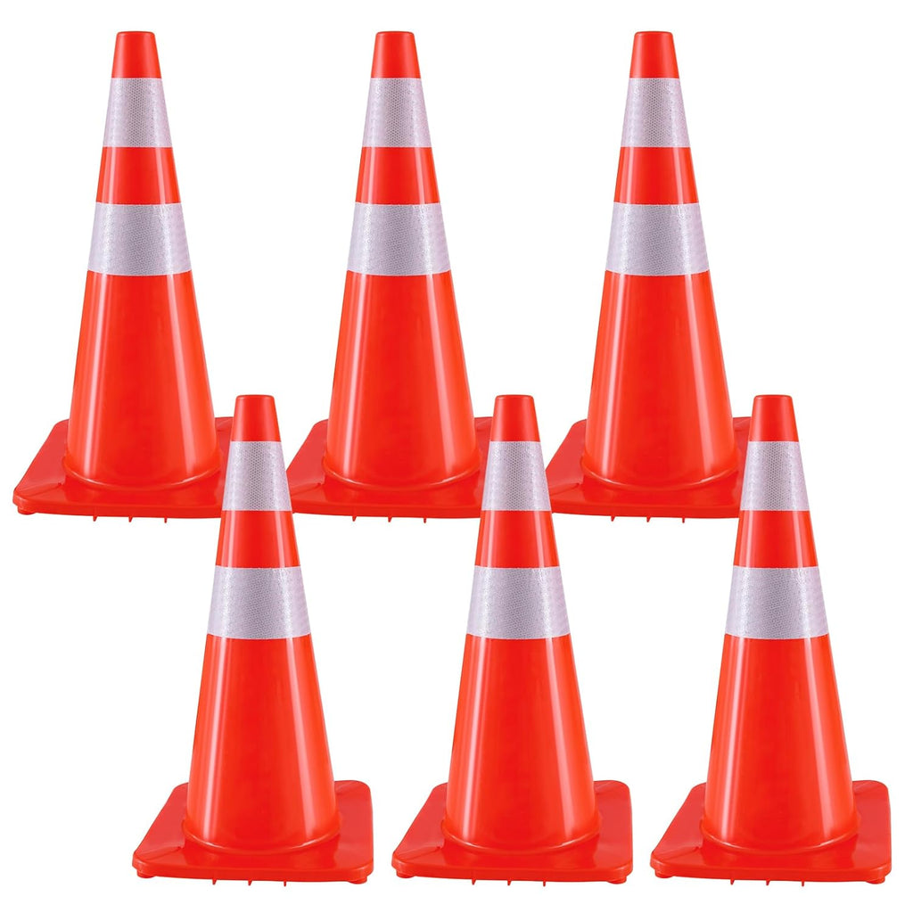 Traffic Safety Cones 28 Inch 6 Pack - Orange Road Parking Cones with Reflective Collars, Heavy Duty PVC Construction Cone Structurally Stable for Road Parking, Traffic Control, Driveway