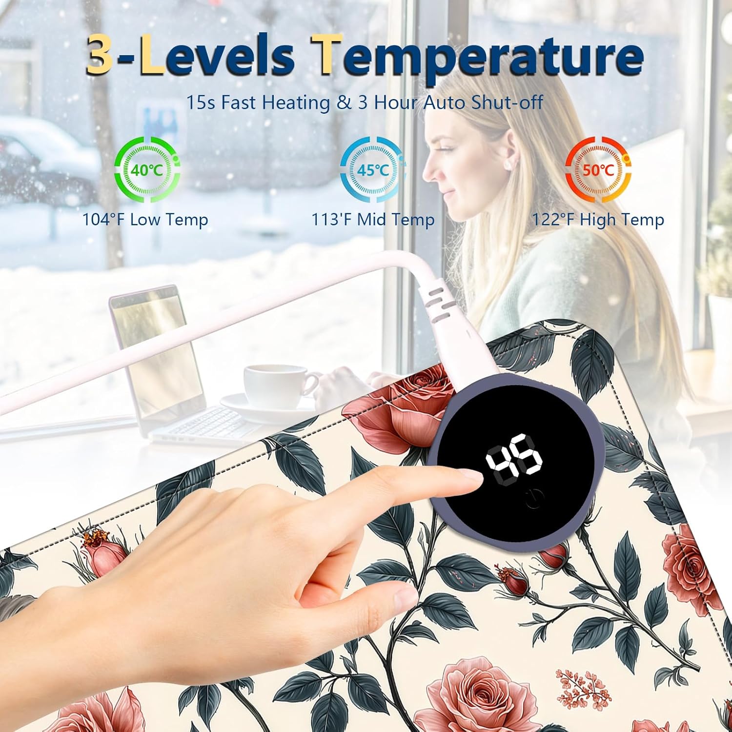 Heated Mouse Pad with 3 Temperature Settings(104°F–122°F),Large 24x14.2 Inch PU Leather Heated Desk Mat,Waterproof Warming Pad for Office,Gaming & Cold Hands Relief,Retro Flowers