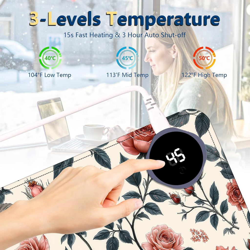 Heated Mouse Pad with 3 Temperature Settings(104°F–122°F),Large 31.5x13 Inch PU Leather Heated Desk Mat,Waterproof Warming Pad for Office,Gaming & Cold Hands Relief,Retro Flowers