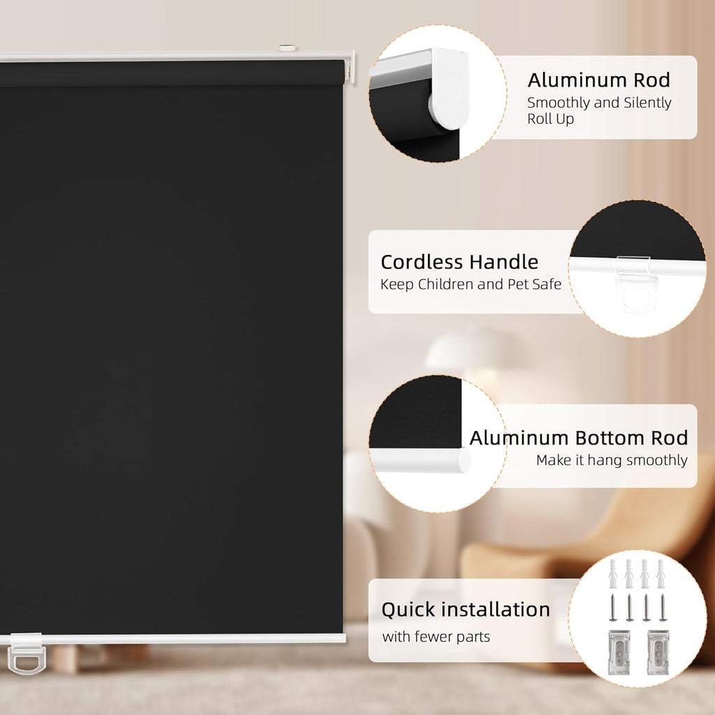 ChrisDowa Cordless Blackout Roller Shades for Windows, Thermal Insulated UV Protection Pull Down Shades, Total Blackout Window Blinds for Home, Office, Bedroom, Door (28" W x 72" H, Black)