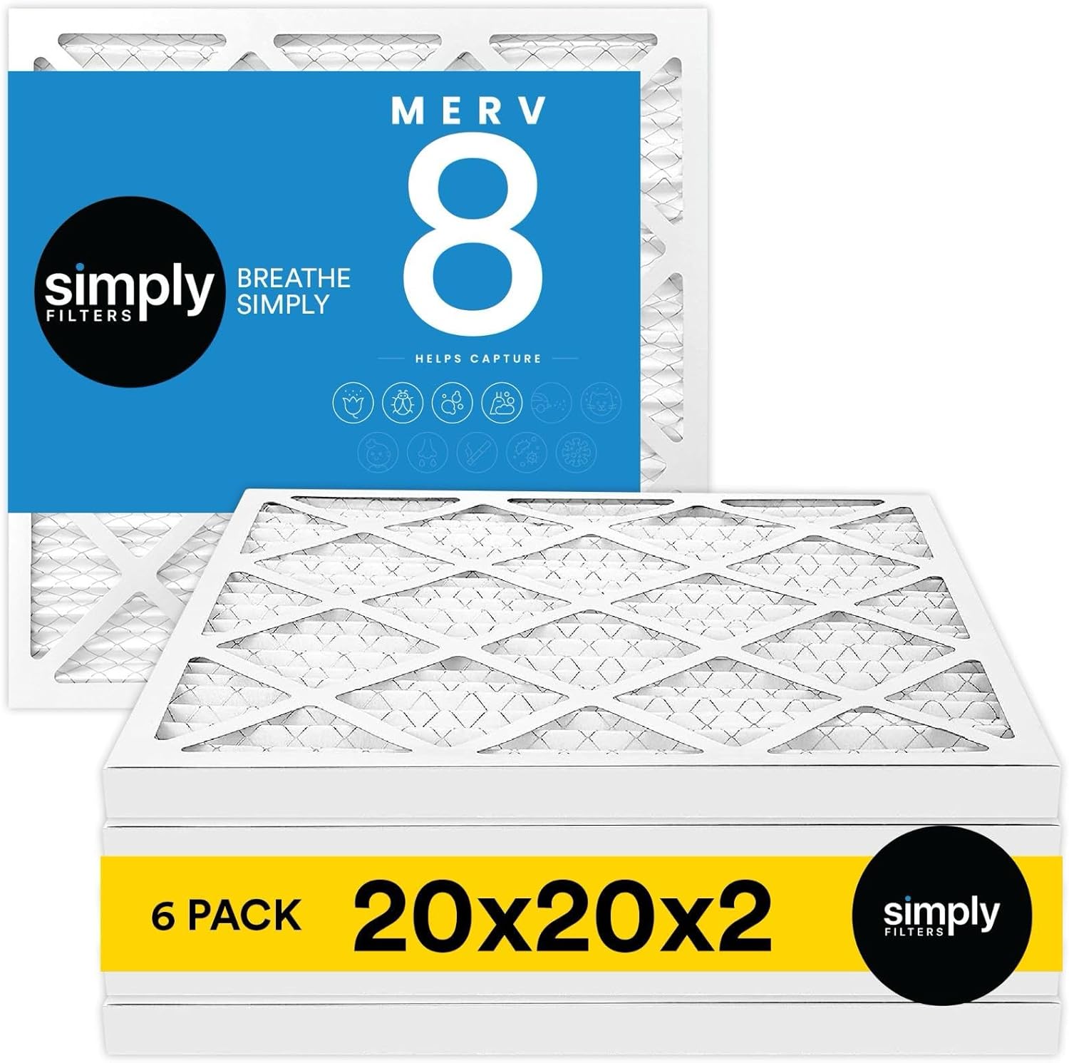 Simply 20x20x2 Air Filter, MERV 8, 6 Pack, Furnace Air Filter for HVAC (Actual Size:19.5"x19.5"x1.75") DUST, Pet, & Allergy Control