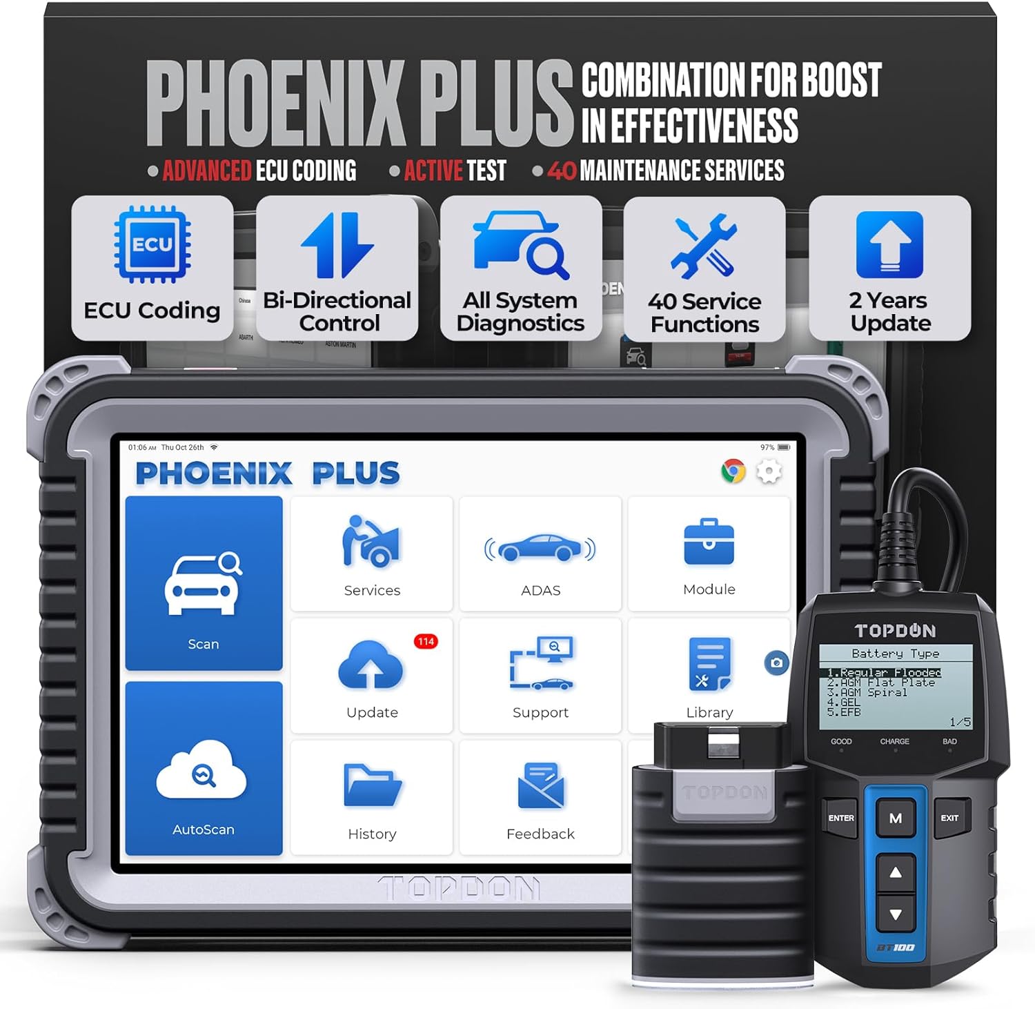 TOPDON Phoenix Plus 2 Bidirectional Scan Tool with Battery Tester, 2 Years Free Update, OE-Level Full Diagnosis, Topology Scanner, 40+ Reset Services, AutoAuth for FCA SGW