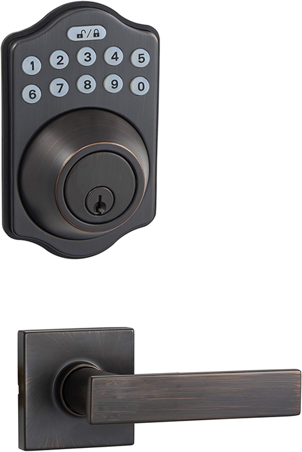 Amazon Basics Traditional Electronic Keypad, Keyless Entry Door Lock Deadbolt with Handle Set, Key Pad Front Door with Knob, Traditional Door Locks for Front Door Handle, Oil Rubbed Bronze, 6-Pack