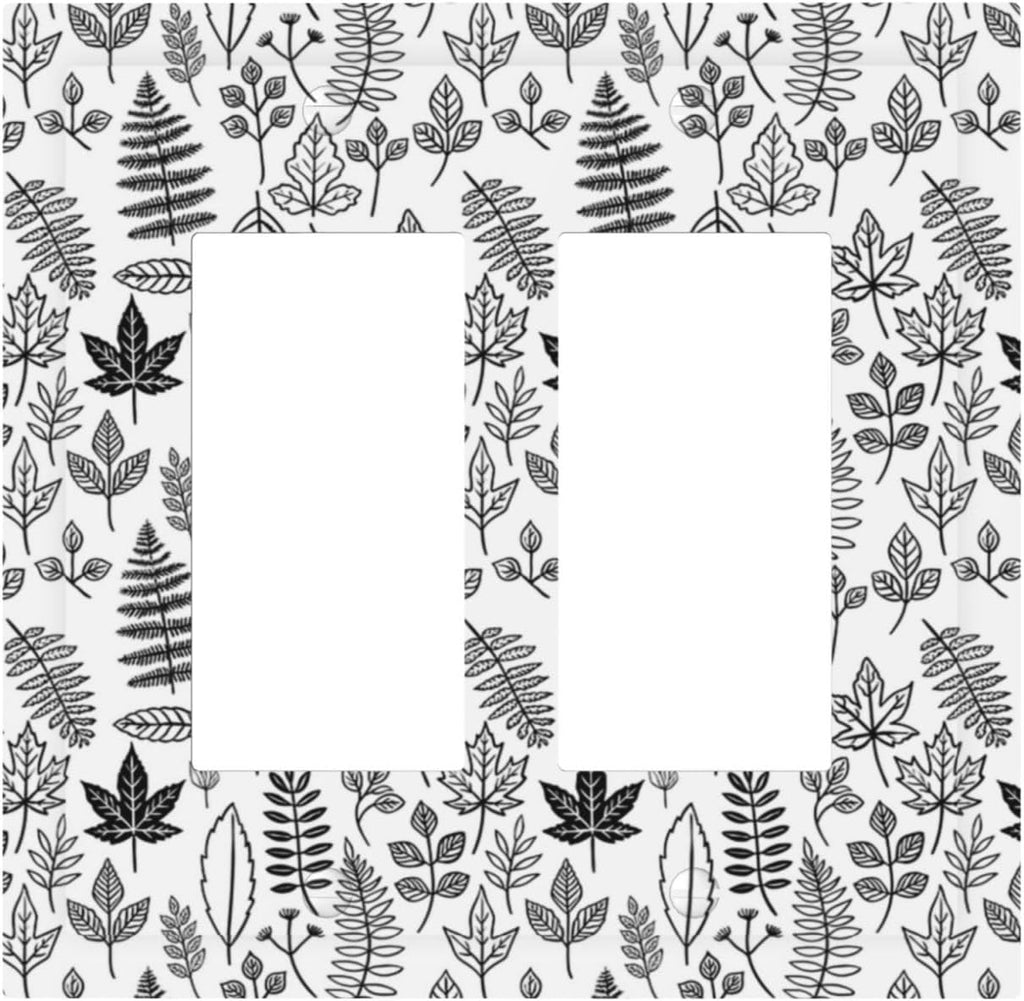 Black White Leaf Wheat Maple Leaf Plant Decorative Outlet Covers 2 Gang Double GFCI Rocker Light Switch Cover Plate Electrical Wall Panels for Bedroom Bathroom Decor