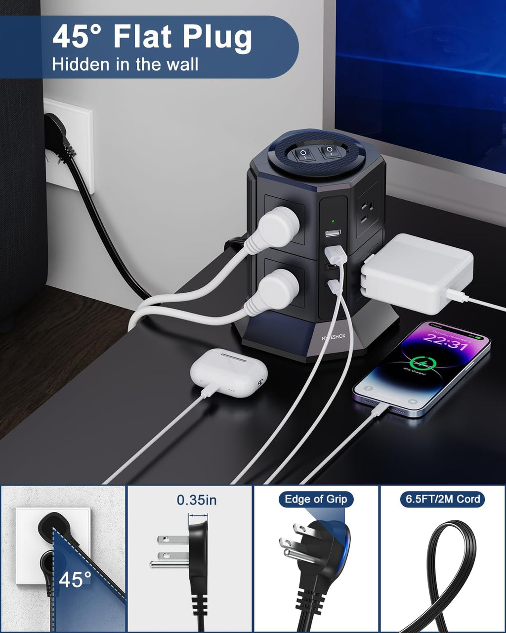 Surge Protector Power Strip Tower with 8 AC Outlets 4 USB Ports(2 Type C), 6.5 FT Ultra Flat Extension Cord, Flat Plug Power Strips Tower with Surge Protection for Home, Office, Dorm