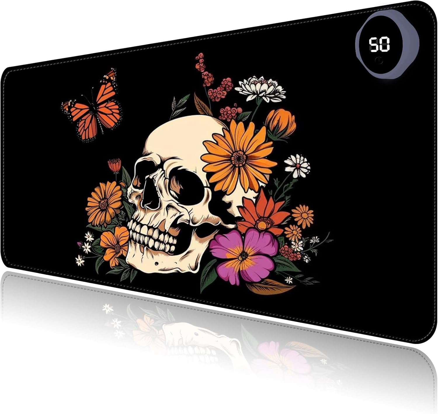 Heated Mouse Pad with 3 Levels Heated & 3 Hours Auto Shut-Off Mouse Pad for Warming Hands in Office Home, 23.6" x 14.2"Large Safe Desk Mat Hand Warmer，Art Skull