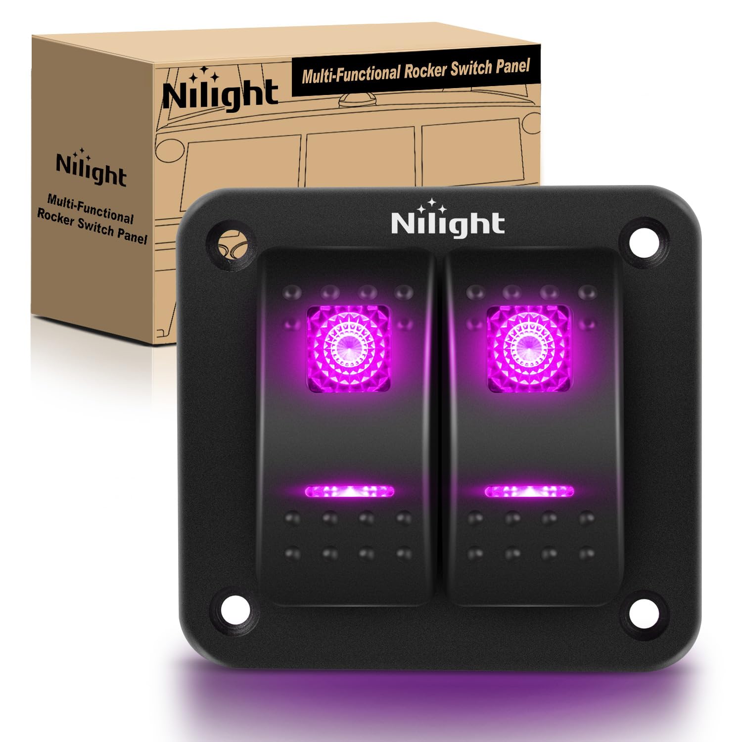 Nilight 2 Gang Rocker Switch Panel with Purple LED Light 5 Pin On Off Pre-Wired Aluminum Toggle Switches Waterproof for 12V/24V Cars Marine Boats ATVs Trailers RV Trucks