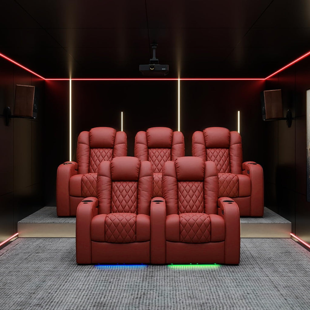 Weilianda Home Theater Seating Top Grain Leather Zero Gravity Recliner Chair Power Headrest Recline Movie Seat Gaming 7 Colors Mood Light Sofa with Tray Table USB Charge Row of 4 Red