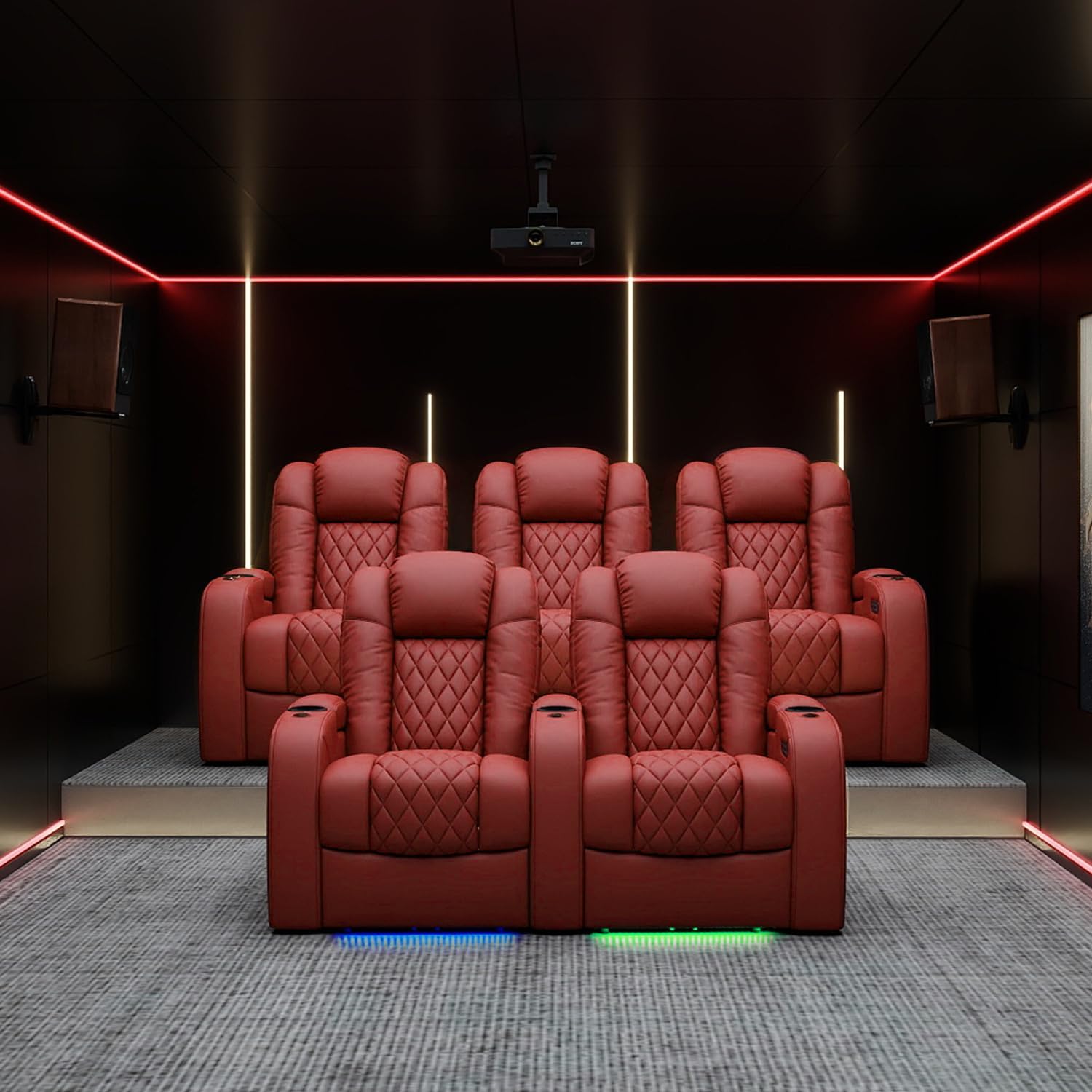 Weilianda Home Theater Seating Top Grain Leather Zero Gravity Recliner Chair Power Headrest Recline Movie Seat Gaming 7 Colors Mood Light Sofa with Tray Table USB Charge Row of 2 Red
