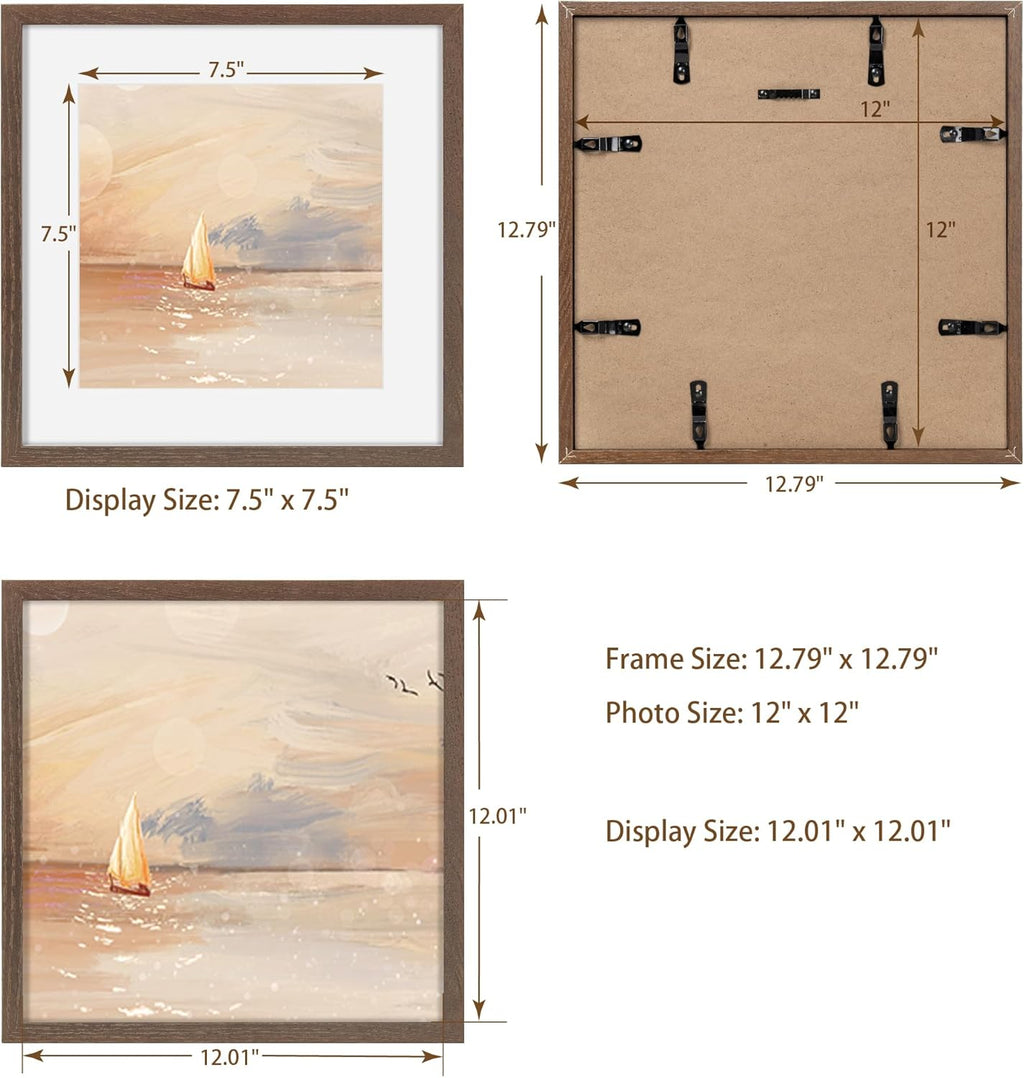 Fun Memories 12x12 Picture Frame Set of 3, Rustic Walnut Oak Wood Frame 12 x 12 with Tempered Glass, Wall Collage Frame 12 by 12