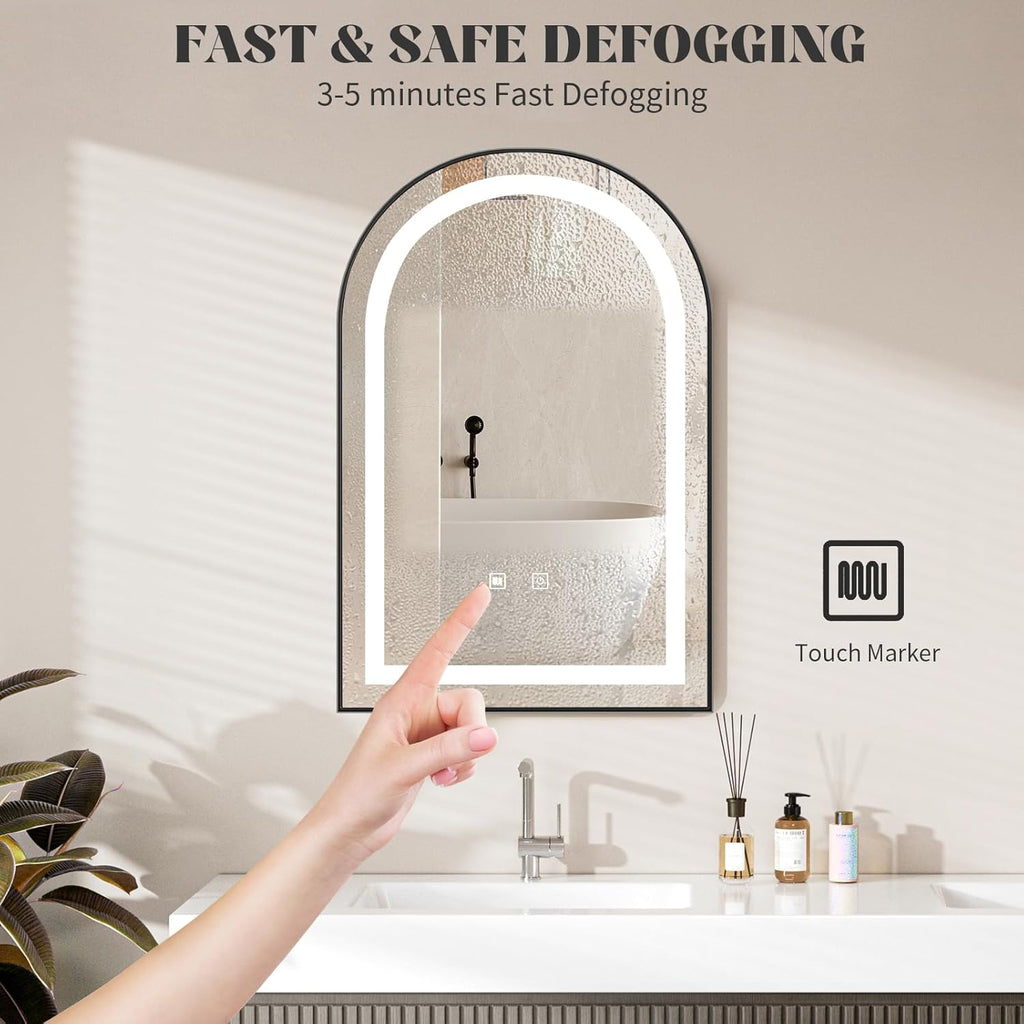LED Bathroom Mirrors with Lights,24"x36"Black Arched Mirror for Bathroom,Fogless,3 Colors Dimmable,Anti-Fog,Wall Mounted Lighted Vanity Mirror,Black