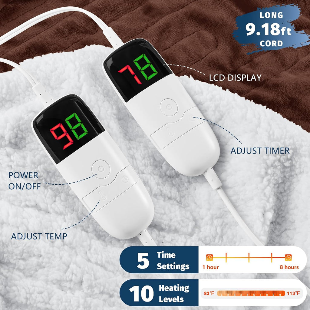 Heated Electric Blanket Queen Size - 84" x 90" Heating Blanket with Dual Control, 10 Heating Levels & 8 Hours Auto Off, Soft Warm Flannel Blanket, Christmas Birthday Gifts for Senior Grandma
