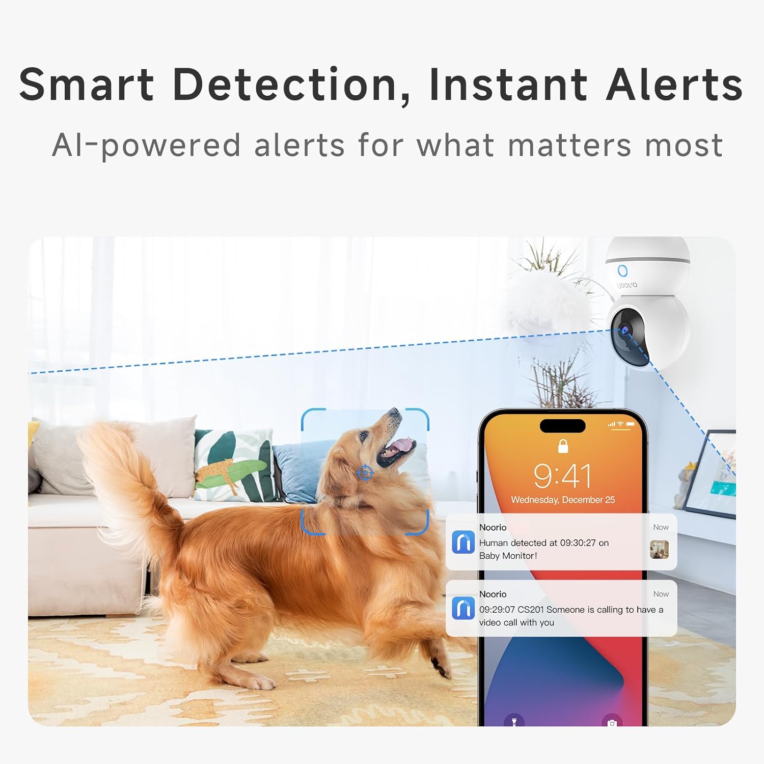 Noorio 2K Indoor Security Camera, Pet Camera with Speaker Pan&Tilt, One Click Call Baby Monitor Night Vision