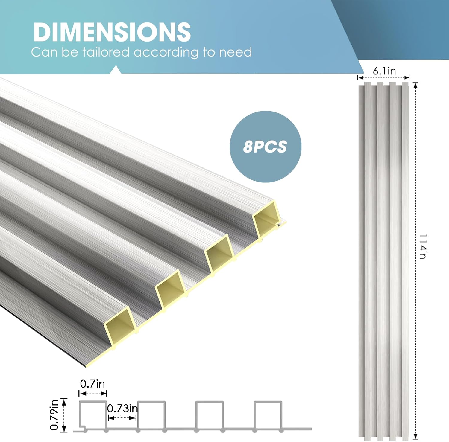 OUZUGIE WPC Acoustic Slat Wall Paneling, 8-Pack 114 x 6 Inches 3D Wall Panels for Interior Wall Decor,Living Room,TV Background,Study Room,Office Spaces,Bedroom,High Grille (Metallic Silver)