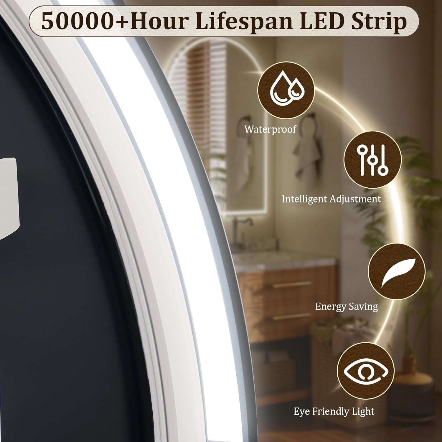BEAUTYPEAK 48x30 LED Arch Bathroom Mirror with Lights, Anti-Fog, Dimmable, Backlit + Front Lit, Lighted Bathroom Vanity Mirror for Wall, 3 Colors, Memory Function, Tempered Glass, Shatter-Proof