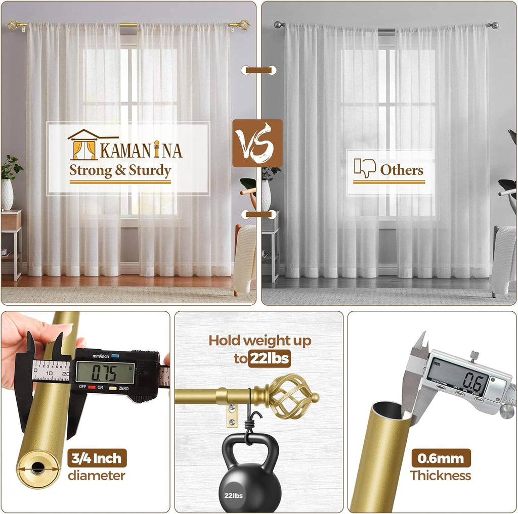 KAMANINA Gold Curtain Rods for Windows 48 to 84 Inch, Adjustable Single Curtain Rod 32 to 86 Inch(2.6-7.1ft), 3/4 Inch Splicing Drapery Rods with Twisted Cage Finial