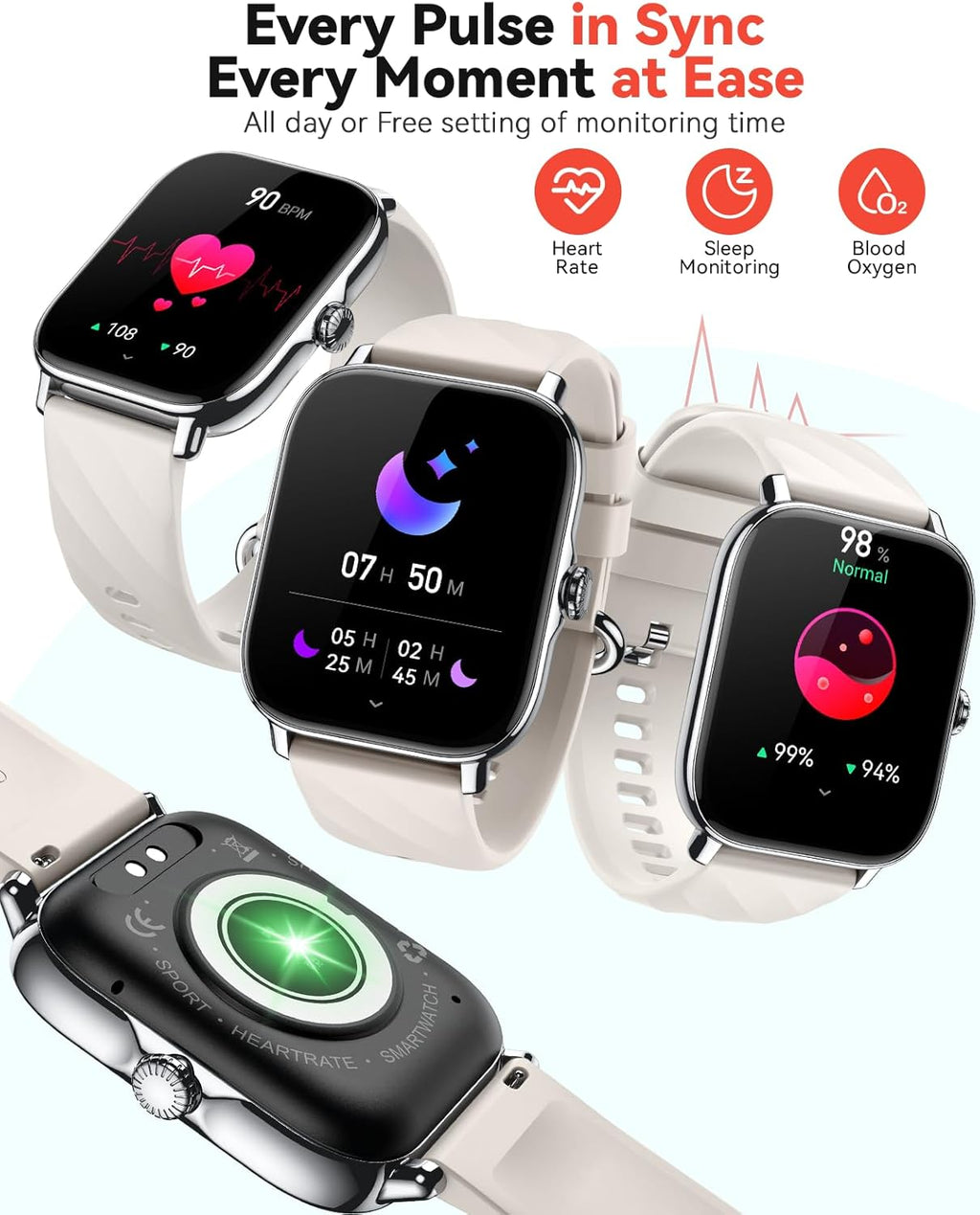 Smart Watches Fitness Tracker for Men Women with Step Counter, Sleep Calorie Monitor, Pedometer, IP68 Waterproof, 120+ Sports for iPhone Android, 1.91” Touchscreen Smartwatch (Casual, Starlight, 1.91)