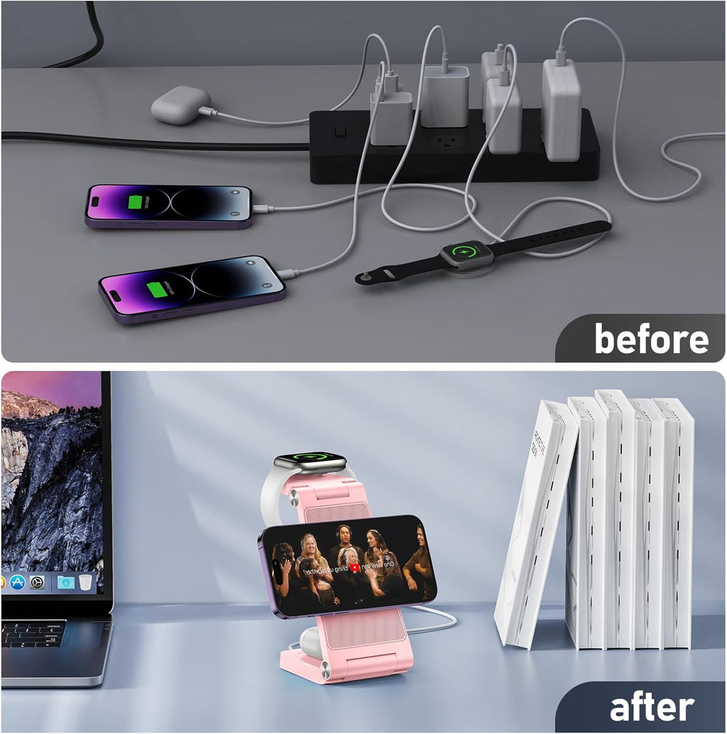 Magnetic Wireless Charger Stand, 3 in 1 Foldable Wireless Charging Station, Travel Charger for Multiple Devices for iPhone 16 15 14 13 12 Series, Apple Watch Ultra/SE/9/8/7/6/5/4/3/2, AirPods