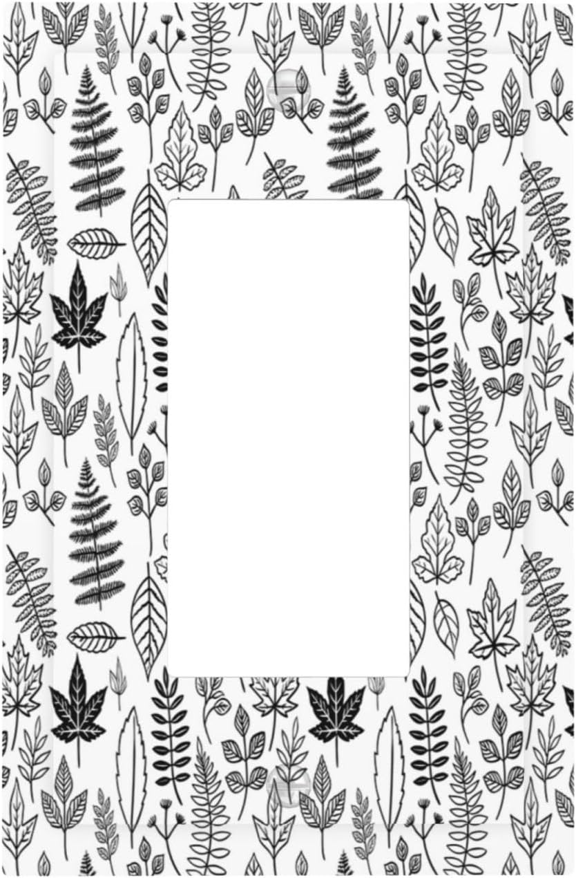 Black White Leaf Wheat Maple Leaf Plant Decorative Outlet Covers 1 Gang Single Rocker Light Switch Cover Plate Wall Plates GFCI Faceplate for Bedroom Bathroom Decor