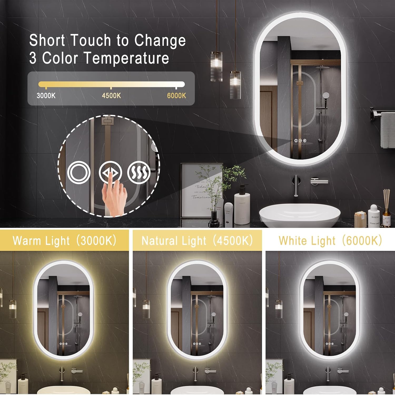 LED Mirror for Bathroom, 24x40 Inch Vanity Mirror with Lights，Anti-Fog Oval Bathroom Mirror, 3 Colors and Stepless Dimmable Wall Mounted Makeup Mirror with Metal Frame (Silver)