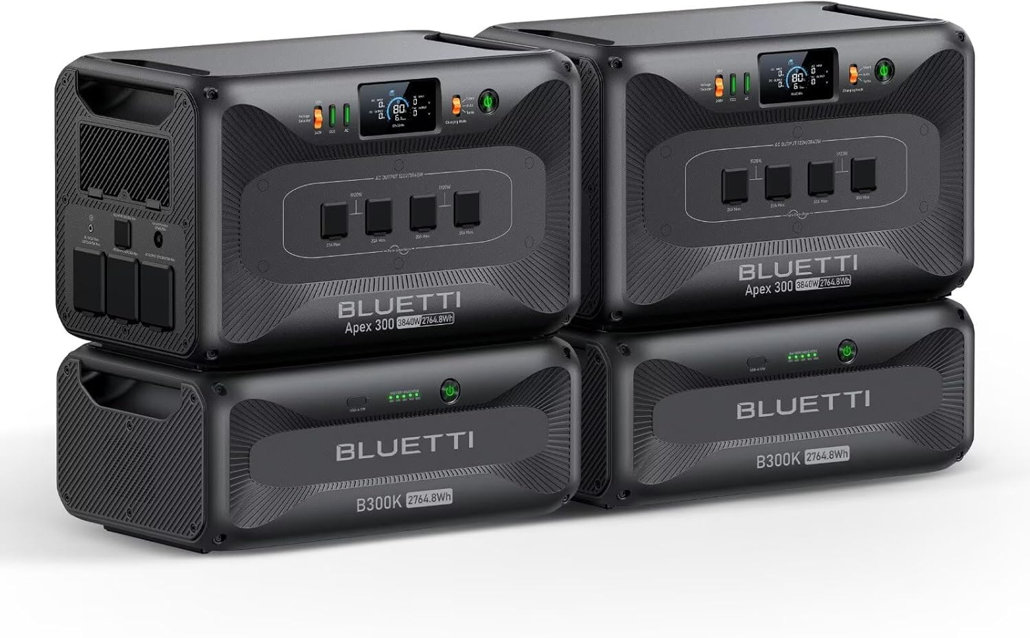 BLUETTI 2 Apex 300 Solar Generators & 2 B300K (2025 New), 11kWh LFP Battery Backup with 12 7680W AC Outlets, 120V/240V Dual Voltage Output, Ultimate Modular Power for Home and Emergency Backup