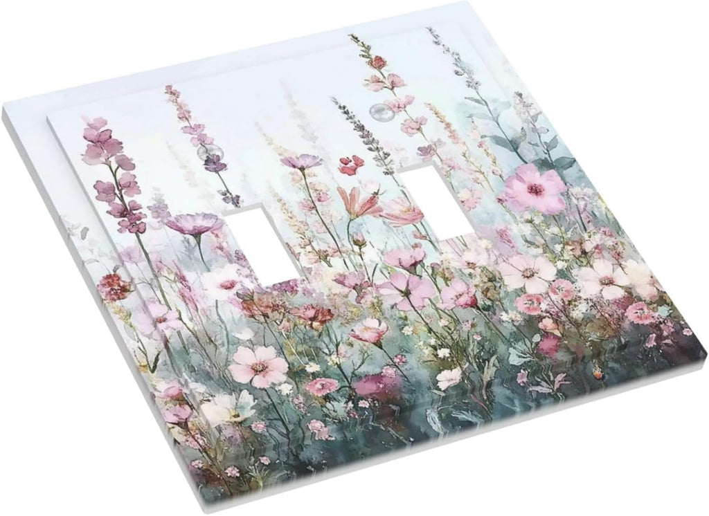 Pink Floral Watercolor Botanical Wildflowers Decorative Switch Plates 2 Gang Double Toggle Outlet Light Switch Cover Wall Plate Electrical Faceplate For Bed Room Living Room Decor