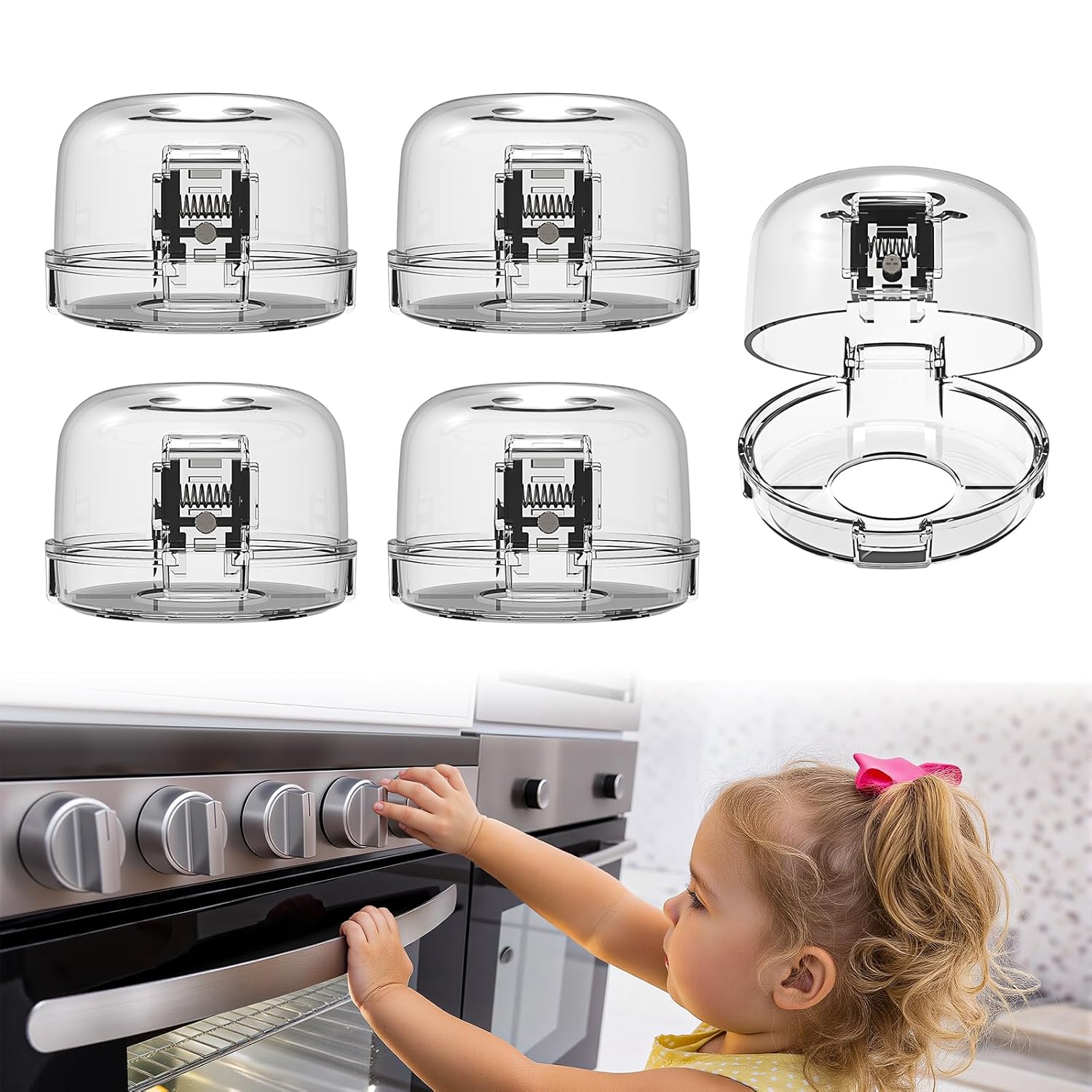 Stove Knob Covers - 5 Pack Heat Resistant Gas Stove Knob Covers with Child Proof Lock & 3M Strong Adhesive, Oil-Proof Oven Knob Covers with Clear Transparent Design, Pet-Friendly