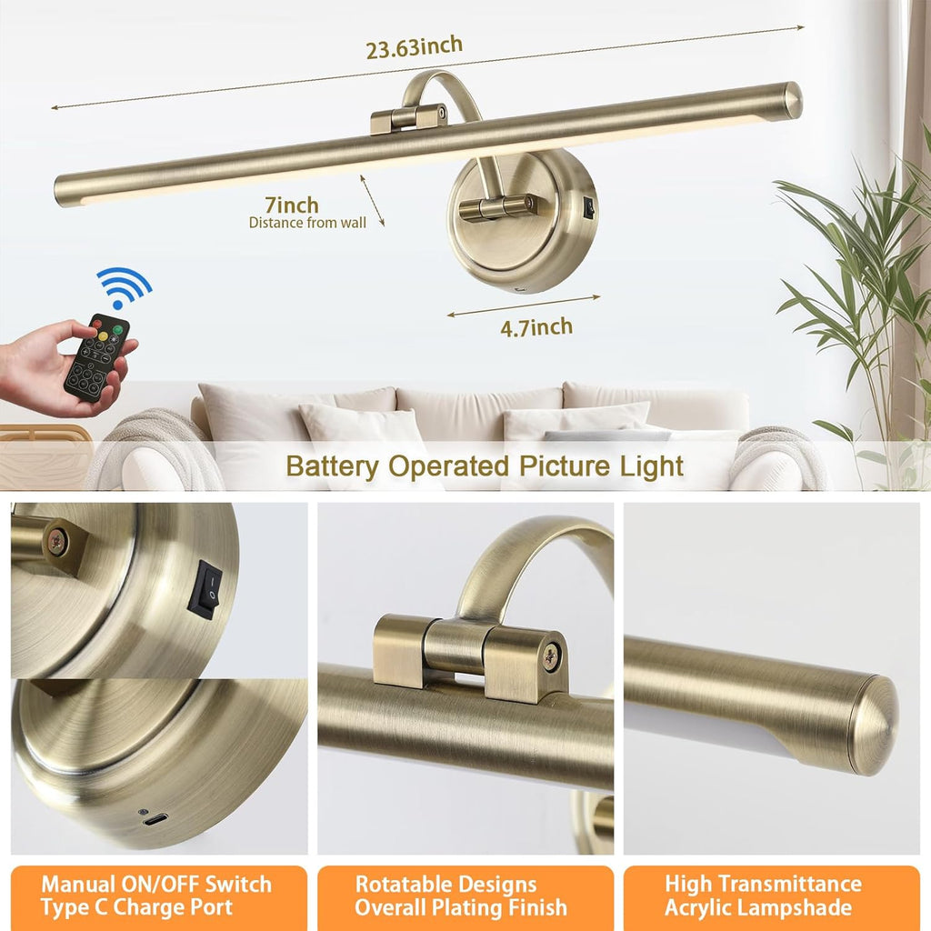 Battery Operated Picture Light, Cordless Art Light with Remote Control, Photo Frame Light with 5000mAh Battery, 3 Color Temperatures & Stepless Dimming for Gallery, Hallway(Antique Bronze, 23.6inch)