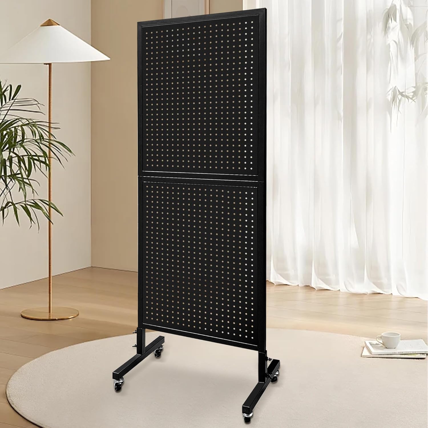 Royxen Standing Pegboard Display 2 x 5 Feet, Metal Pegboard with 30 Hooks, Peg Board Display Stand with Wheels for Vendors, Home and Retail Store (Black)
