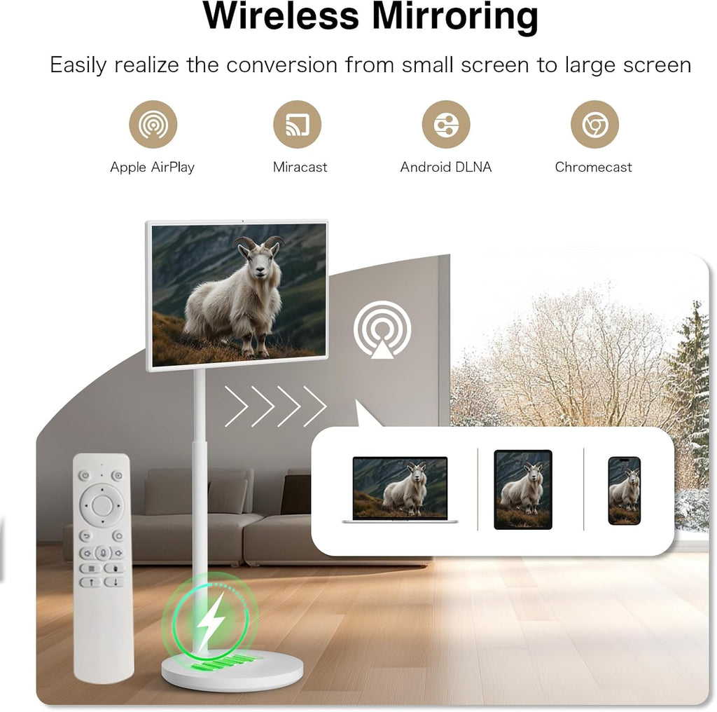 Portable Smart Screen On Wheels, 4K Touchscreen Display, Build-in 4K Camera, Rolling TV Android 13 OS, Built-in Battery (5-8H), Remote Control, 8+128GB Storage (White/32 inches Ultra)