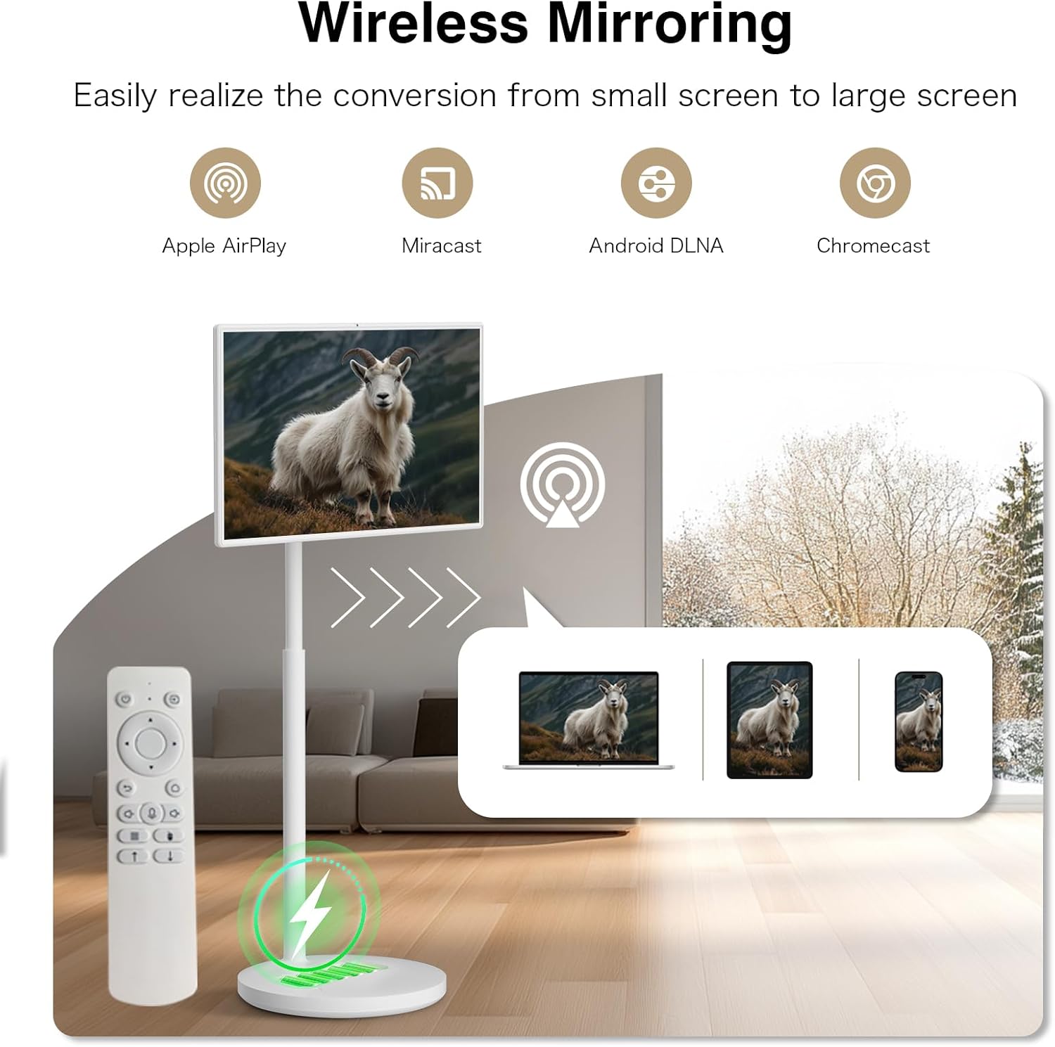 Portable Smart Screen On Wheels, 4K Touchscreen Display, Build-in 4K Camera, Rolling TV Android 13 OS, Built-in Battery (5-8H), Remote Control, 8+128GB Storage (White/32 inches Ultra)