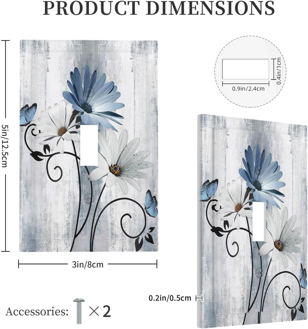 Decorative Light Switch Cover Plate Rustic Blue White Daisy Ink Flower 1 Gang Single Toggle Wall Plates for Electrical Outlets Outlet Covers Switch Plate Covers for Bedroom Home Decor
