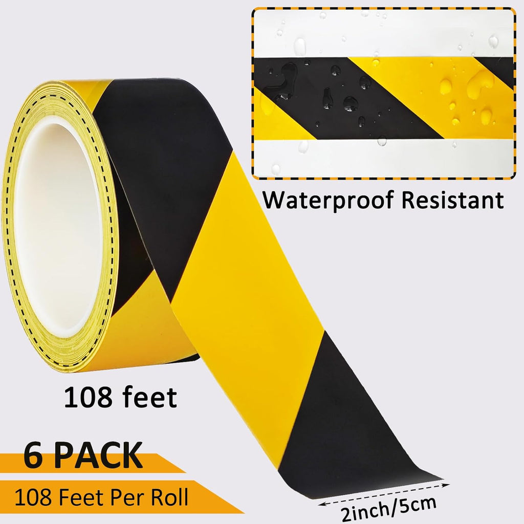 Beieverluck 6 Rolls Black & Yellow Caution Tape Roll 2'' x 108 FT Warning Safety Tape Floor Marking Tape Hazard Tape for Warehouse, Gym, Walls, Pipes and Equipment