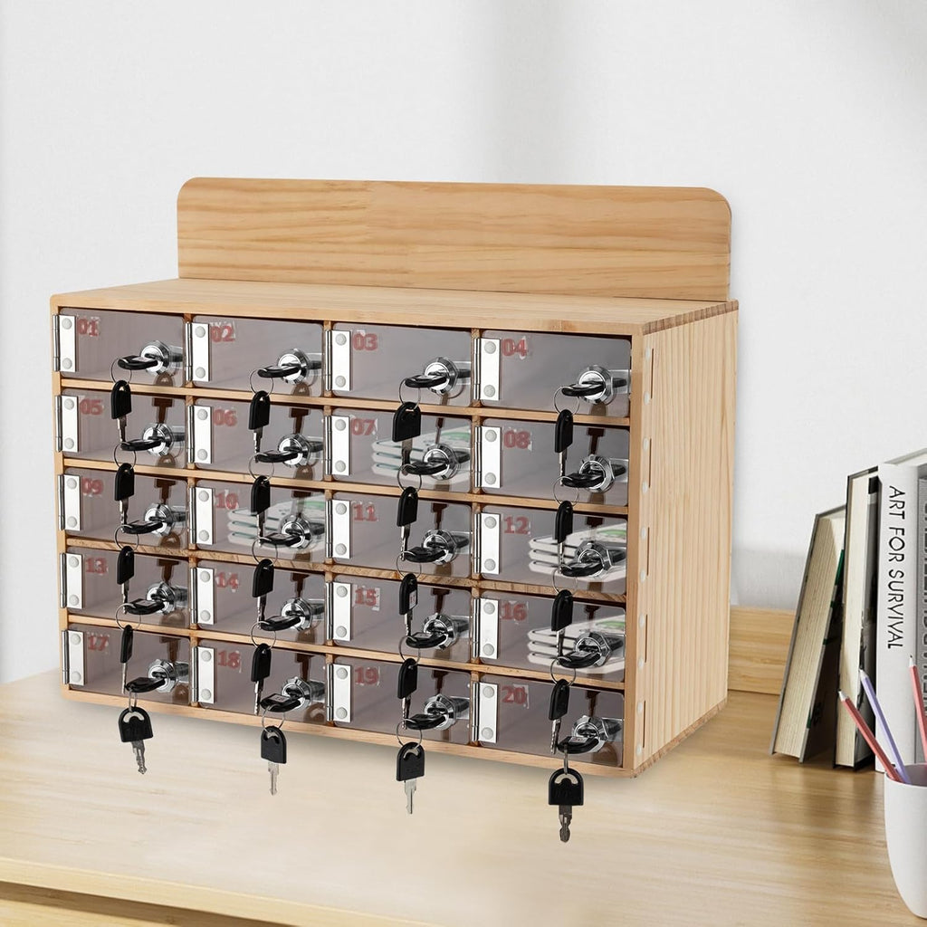 Cell Phone Locker Box 20 Slots Cell Phone Organizer Cabinet with Combination Locks Wall-Mounted Locking Cell Phone Storage Box for Classroom Office,Shool,Office (20 Slots, Wood+Acrylic)