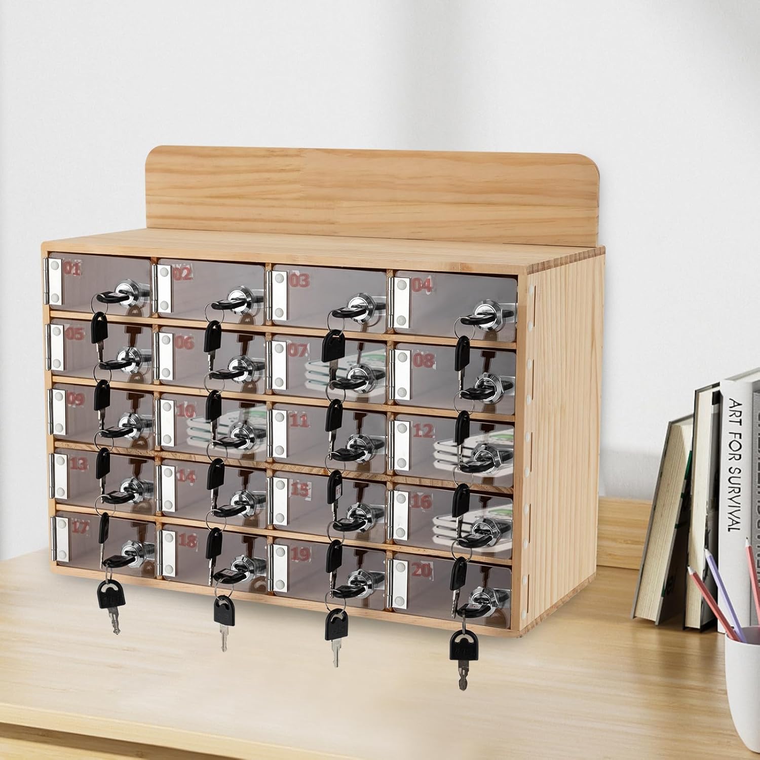 Cell Phone Locker Box 20 Slots Cell Phone Organizer Cabinet with Combination Locks Wall-Mounted Locking Cell Phone Storage Box for Classroom Office,Shool,Office (20 Slots, Wood+Acrylic)