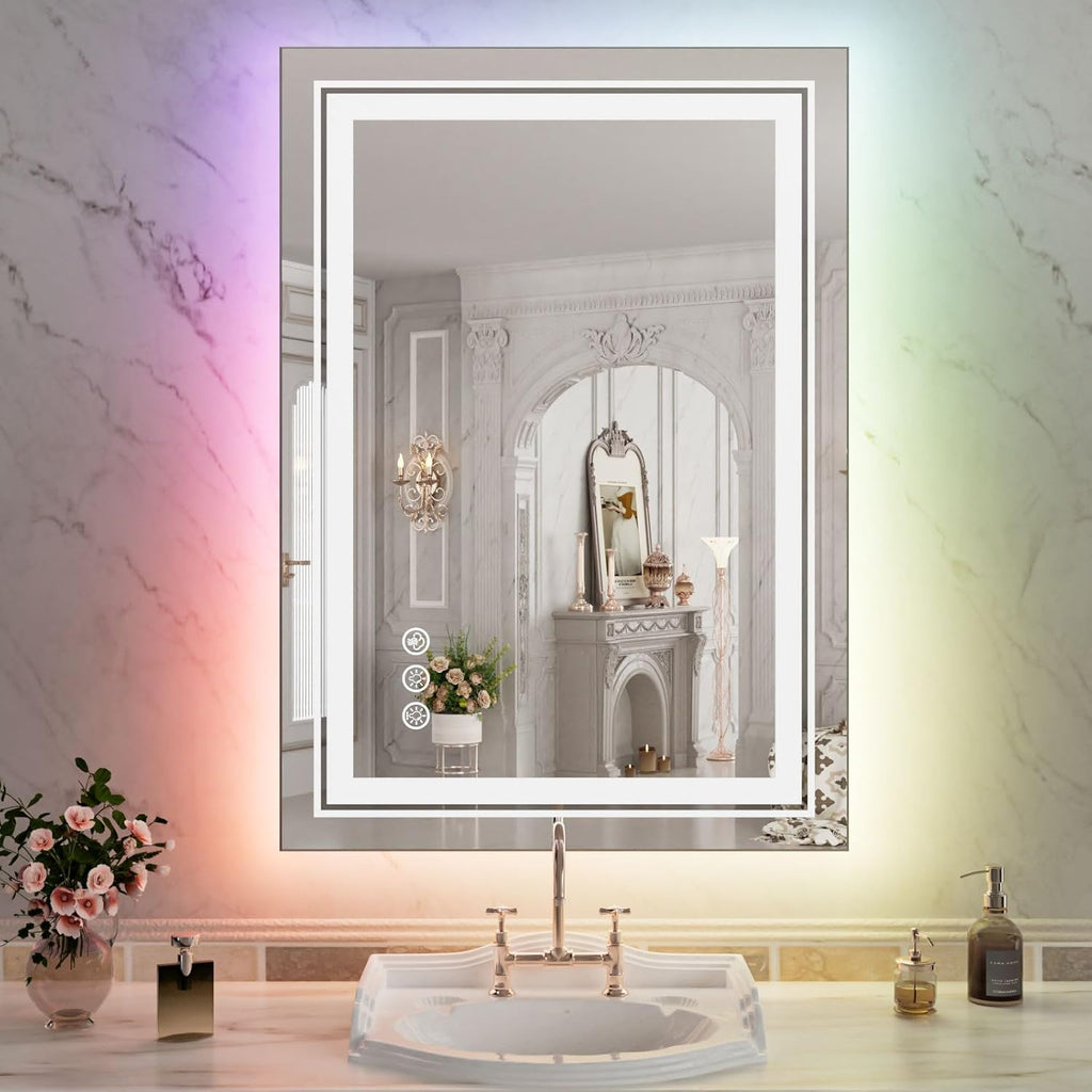 WTTY LED Bathroom Mirror 20"x28" with RGB Backlit and 3 Front Light,Stepless Dimmable LED Mirror for Bathroom,Lighted Bathroom Vanity Mirror for Wall,Anti-Fog,Memory Function,Shatter-Proof