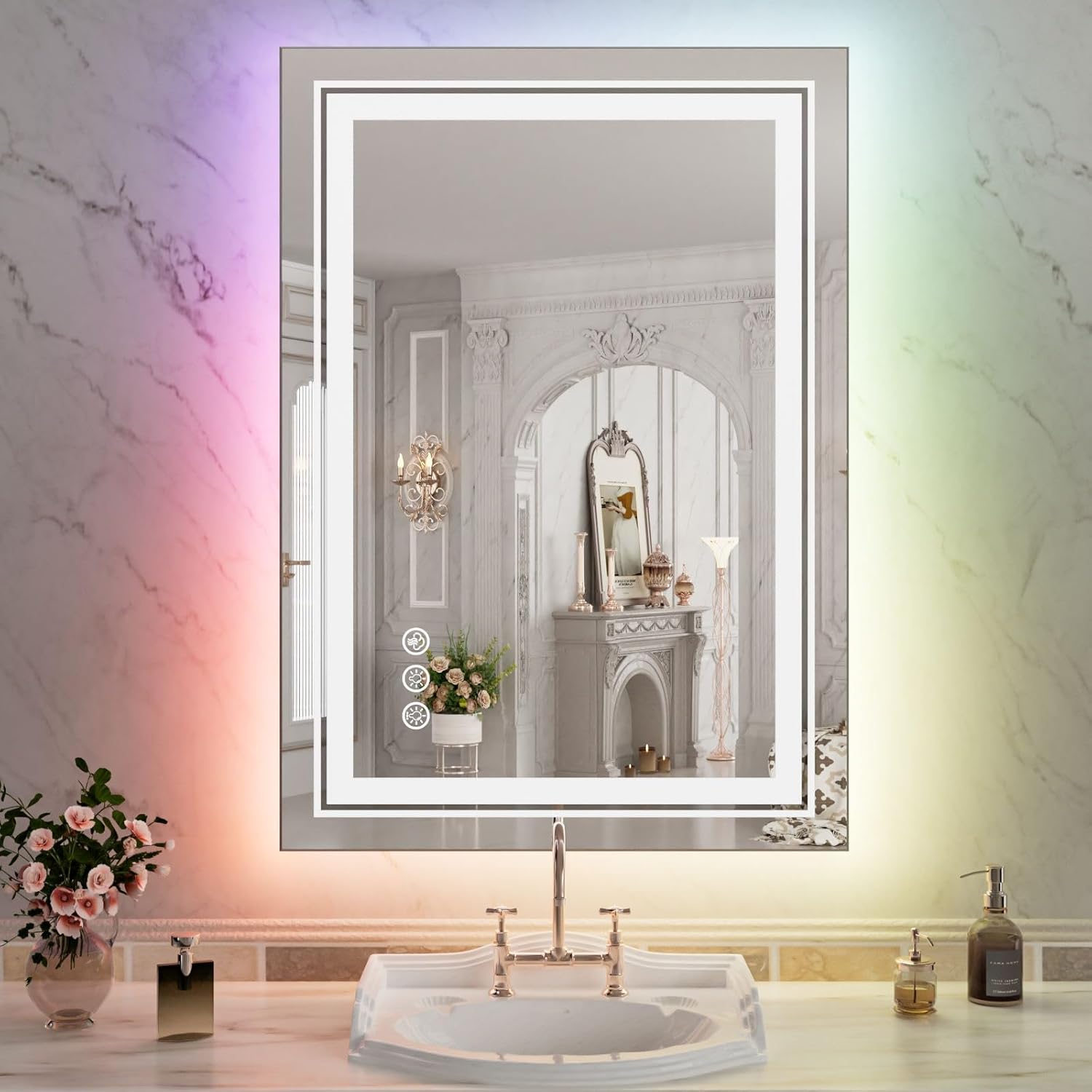 WTTY LED Bathroom Mirror 20"x28" with RGB Backlit and 3 Front Light,Stepless Dimmable LED Mirror for Bathroom,Lighted Bathroom Vanity Mirror for Wall,Anti-Fog,Memory Function,Shatter-Proof
