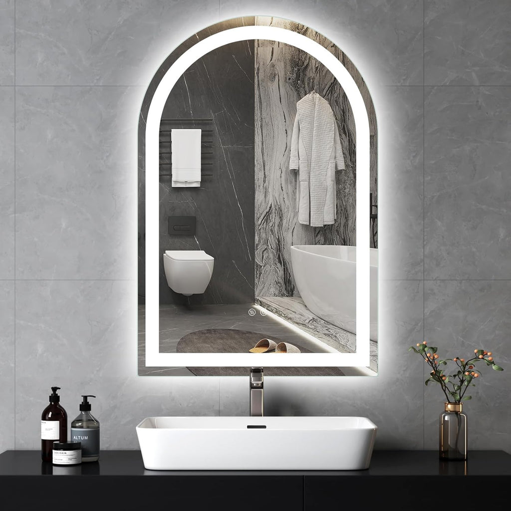 Niccy Arched LED Bathroom Mirror, 39x26 Arch Wall Mounted Frameless Bathroom Mirror for Vanity, Smart Lighted Frontlit Mirrors with Memory Function for Bathroom Bedroom Beauty Hair Salon