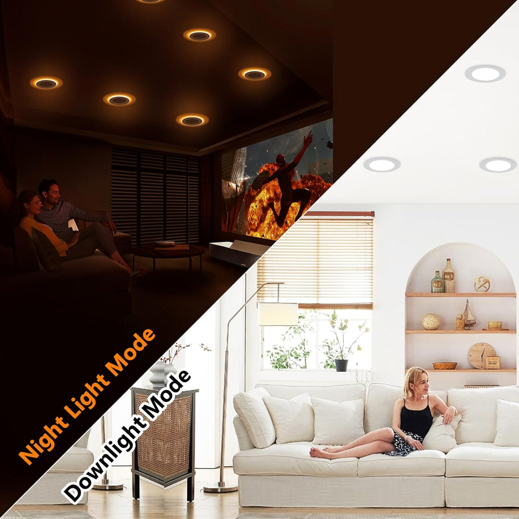 CycevSun 12 Pack 6 Inch LED Recessed Lighting with Night Light - Canless Ultra Thin Wafer Downlight Soffit Pot, Dimmable & 5 Color Temperature Selectable, 12W, ETL & Energy Star