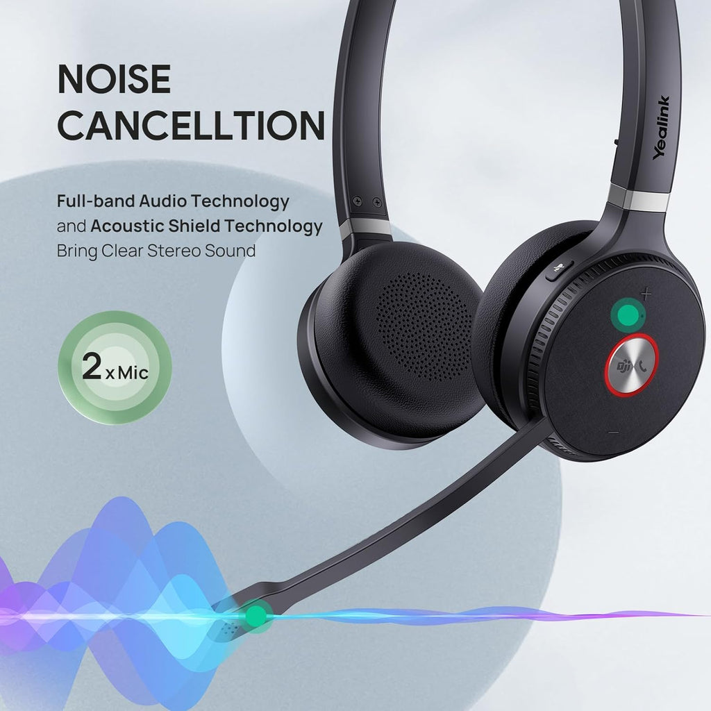 Yealink WH62 Dual UC DECT Wireless Headset, 525 ft Long Range, Work Headphones with Base, 2X Noise Canceling Mic for IP Phone and Computer, Office Headsets Call Control, Ringer,14H Talk Time