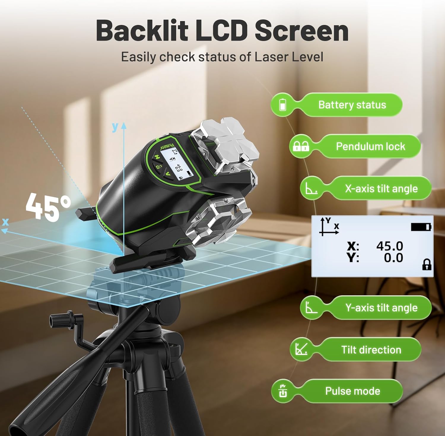 Huepar Laser Level 360 Self Leveling, 4x360° Green 4D Cross Line Laser with LCD Screen, Bluetooth Outdoor Pulse Mode Laser Tool for Construction -Remote Control, Li-ion Battery or 4 AA Batteries-S04CG
