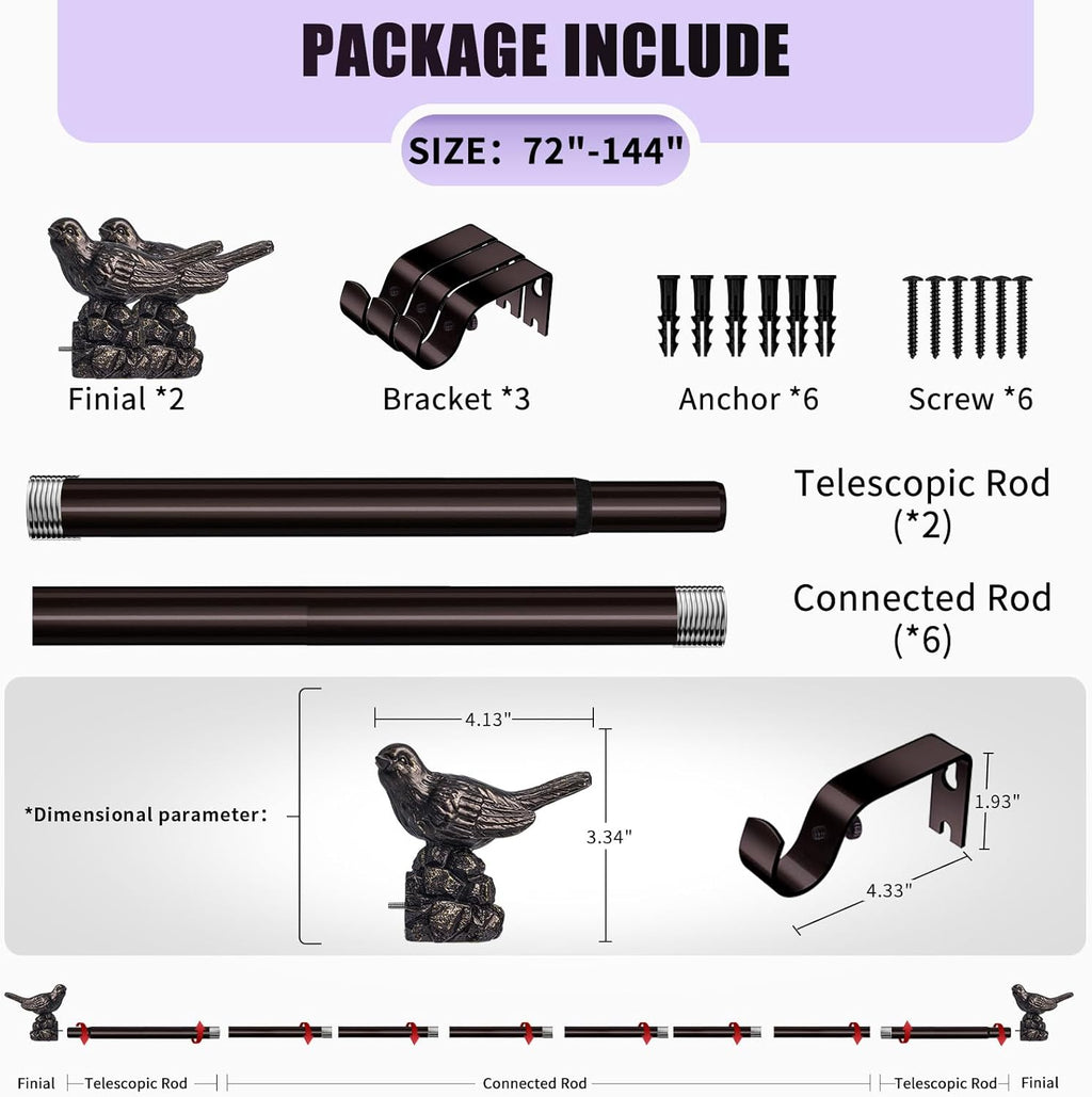 Curtain Rods 72 to 144 Inches Vintage Oil Bronze Curtain Rods for Windows Adjustable Heavy Duty Drapery Rod with Bird Finials for Living Room Bedroom